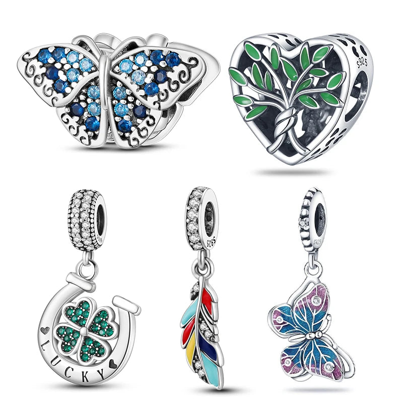 Silver Butterfly Feather Plant Series Charms Beads Fit Original Charm Bracelets