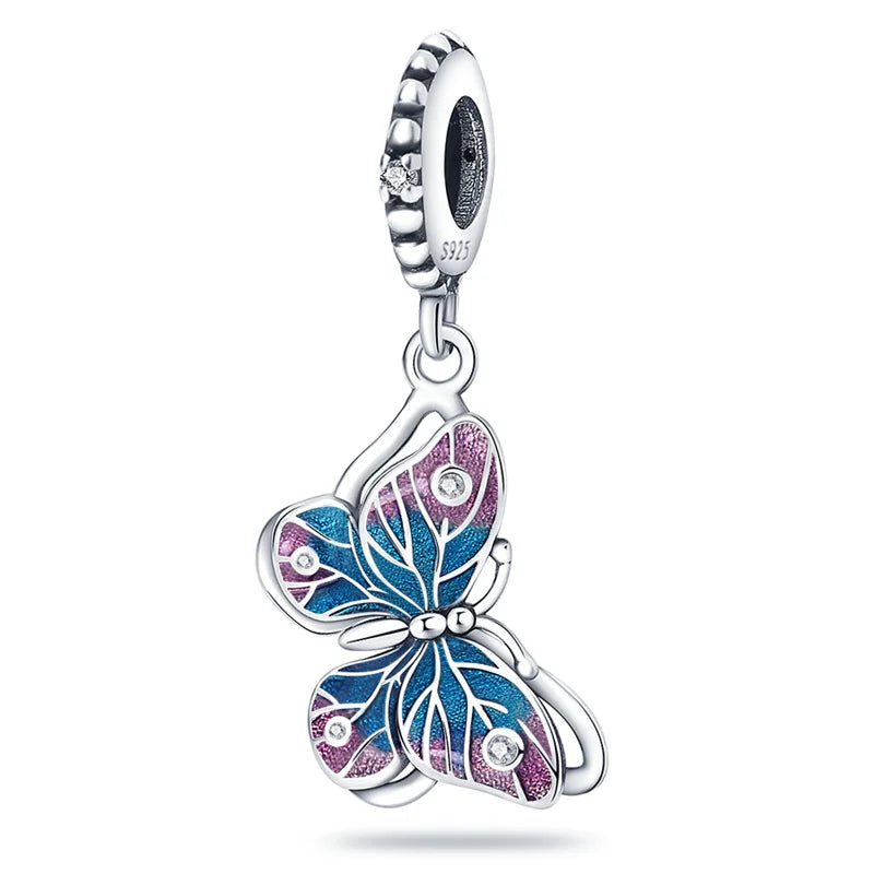 Silver Butterfly Feather Plant Series Charms Beads Fit Original Charm Bracelets