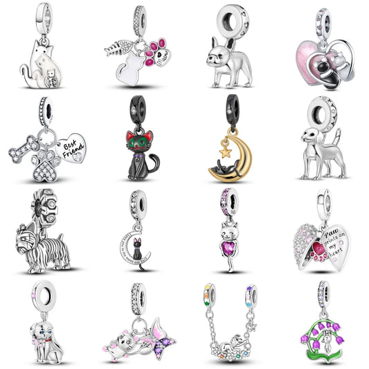 925 Sterling Silver Cute Cat Dog Pendant Charms Fit DIY Bracelets Women Gift