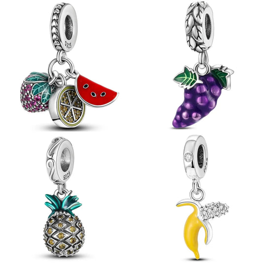 925 Sterling Silver Fruit Charms Grapes Bananas Fit Bracelet Bangle Women Gift