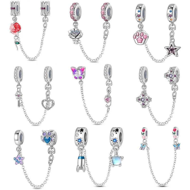 Silver Heart Shaped Key lock Cross Pattern Cat Claw Safety Chains Fit charm Original Bracelets