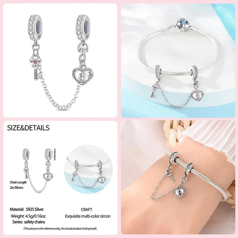 Silver Heart Shaped Key lock Cross Pattern Cat Claw Safety Chains Fit charm Original Bracelets