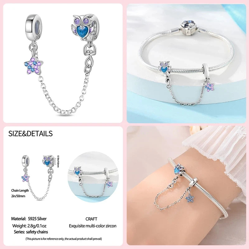 Silver Heart Shaped Key lock Cross Pattern Cat Claw Safety Chains Fit charm Original Bracelets