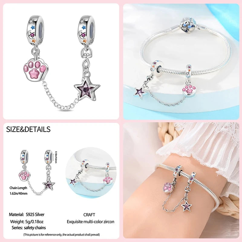 Silver Heart Shaped Key lock Cross Pattern Cat Claw Safety Chains Fit charm Original Bracelets