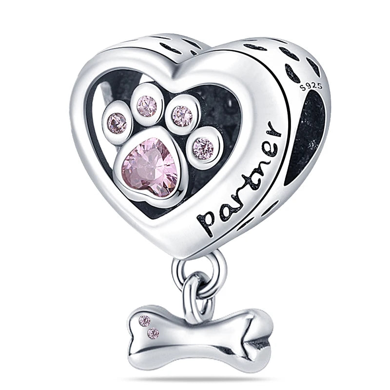 925 Sterling Silver Love Cat & Dog Charm Beads for Women DIY Bracelets Jewelry Gift