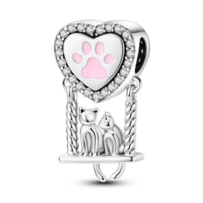 925 Sterling Silver Love Cat & Dog Charm Beads for Women DIY Bracelets Jewelry Gift