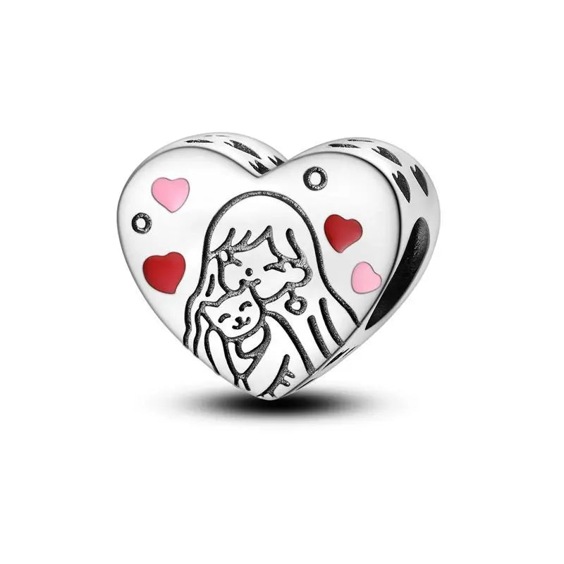 925 Sterling Silver Love Cat & Dog Charm Beads for Women DIY Bracelets Jewelry Gift