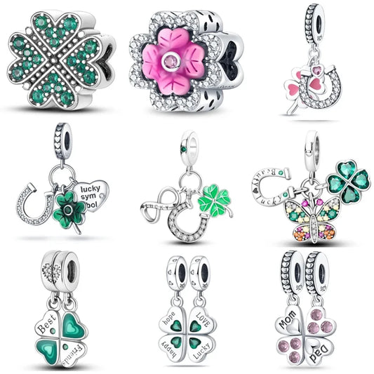 Silver Lucky Four Leaf Clover Series Charms Beads Fit Original Charm Bracelets