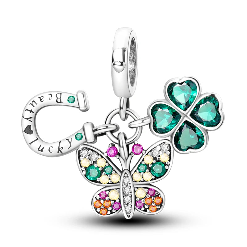 Silver Lucky Four Leaf Clover Series Charms Beads Fit Original Charm Bracelets