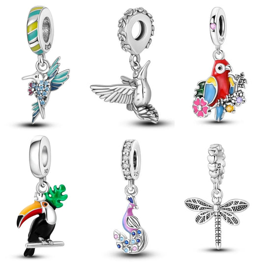 925 Sterling Silver Parrot Peacock Insect Charms for Women DIY Bracelet Jewelry