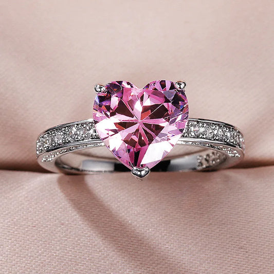 Silver Pink Heart Ring | Cubic Zirconia Bridal Jewelry