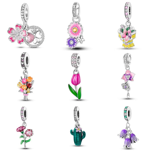 925 Sterling Silver Tulip Daisy Flower Charms Fit Bracelet Bangle Women Jewelry Gift