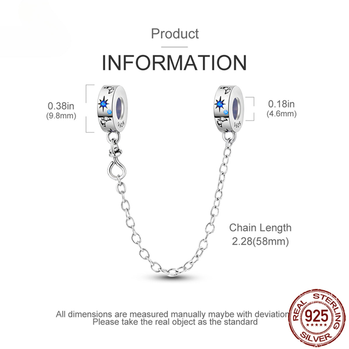 925 Sterling Silver Safety Chain Charm Fits Bracelets Women Jewellery Gift