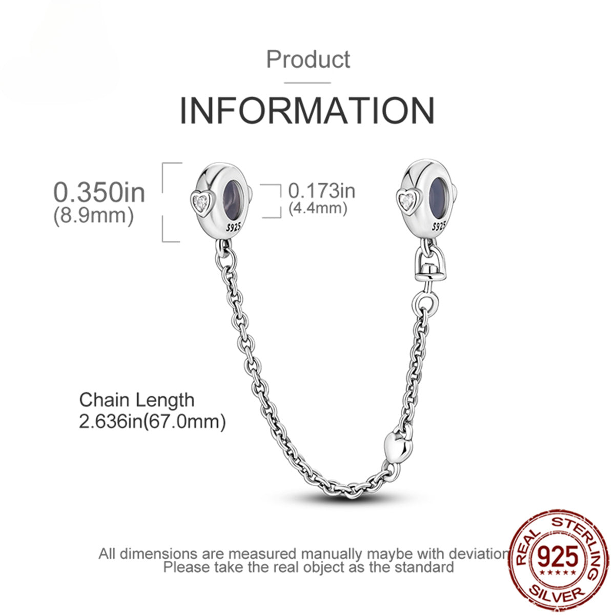 925 Sterling Silver Safety Chain Charm Fits Bracelets Women Jewellery Gift