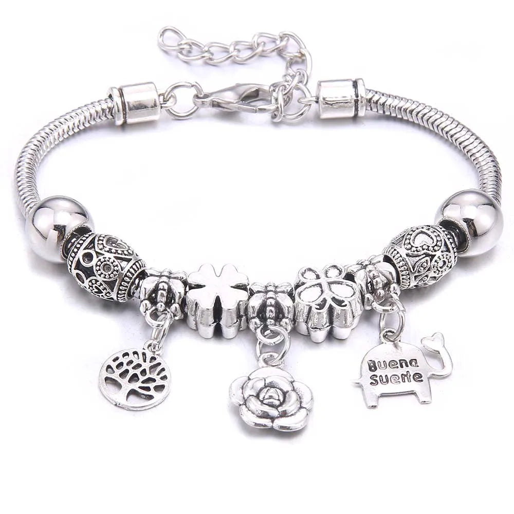 White Butterfly Charm Bracelet with Crown Beads - Friendship Gift for Women & Girls