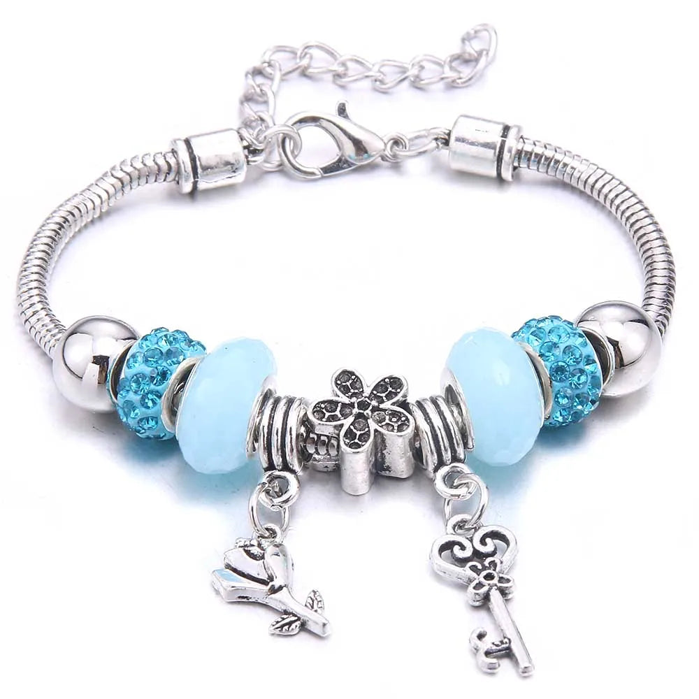 White Butterfly Charm Bracelet with Crown Beads - Friendship Gift for Women & Girls