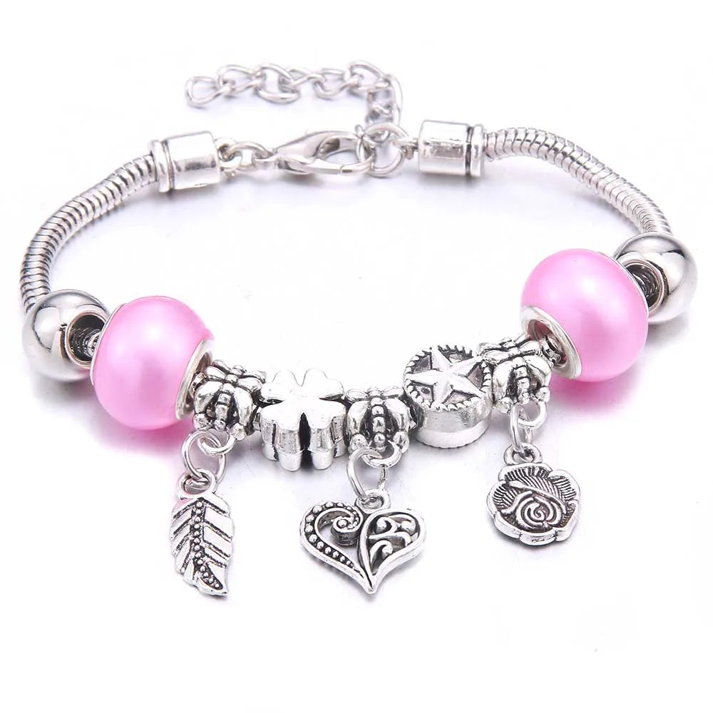 White Butterfly Charm Bracelet with Crown Beads - Friendship Gift for Women & Girls