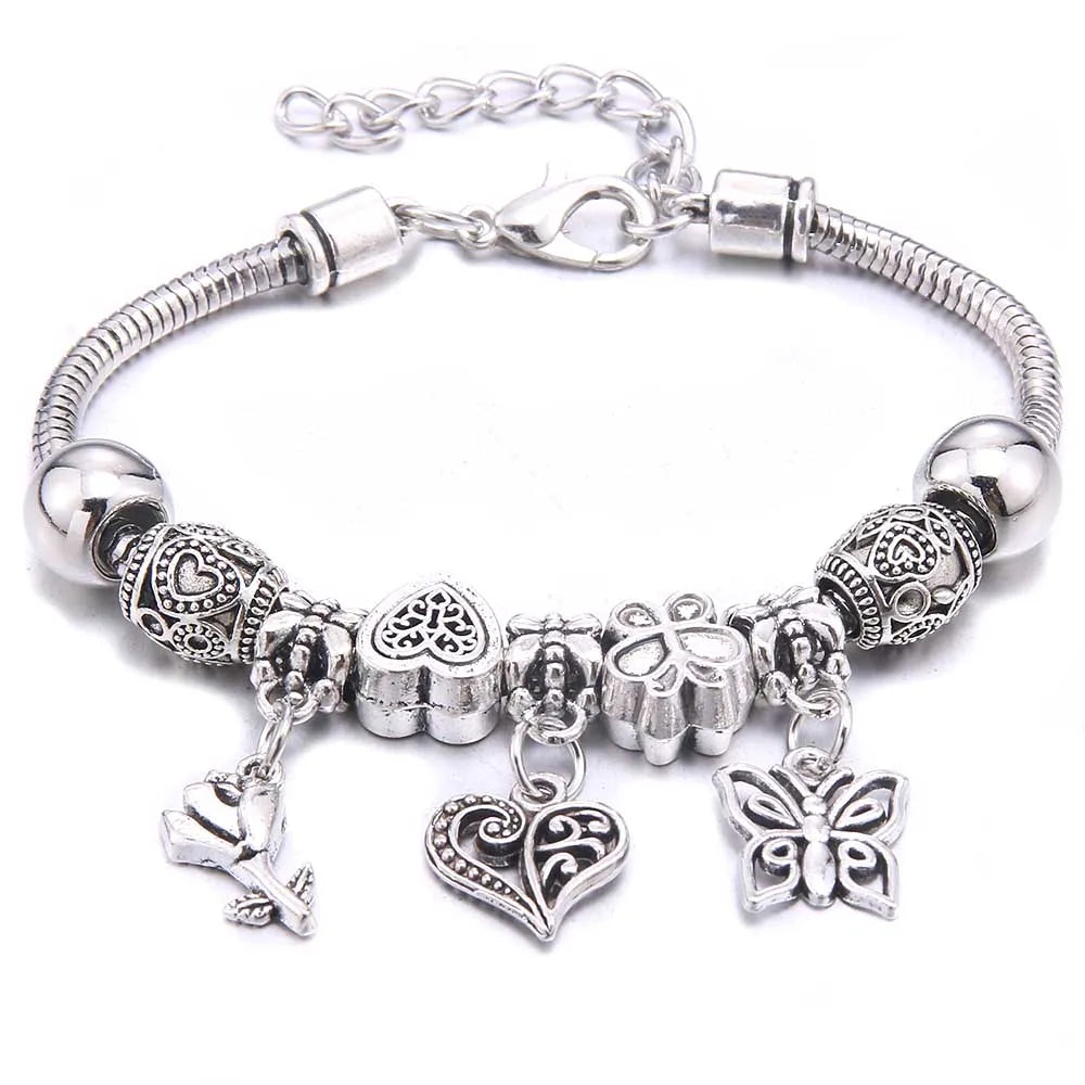 White Butterfly Charm Bracelet with Crown Beads - Friendship Gift for Women & Girls