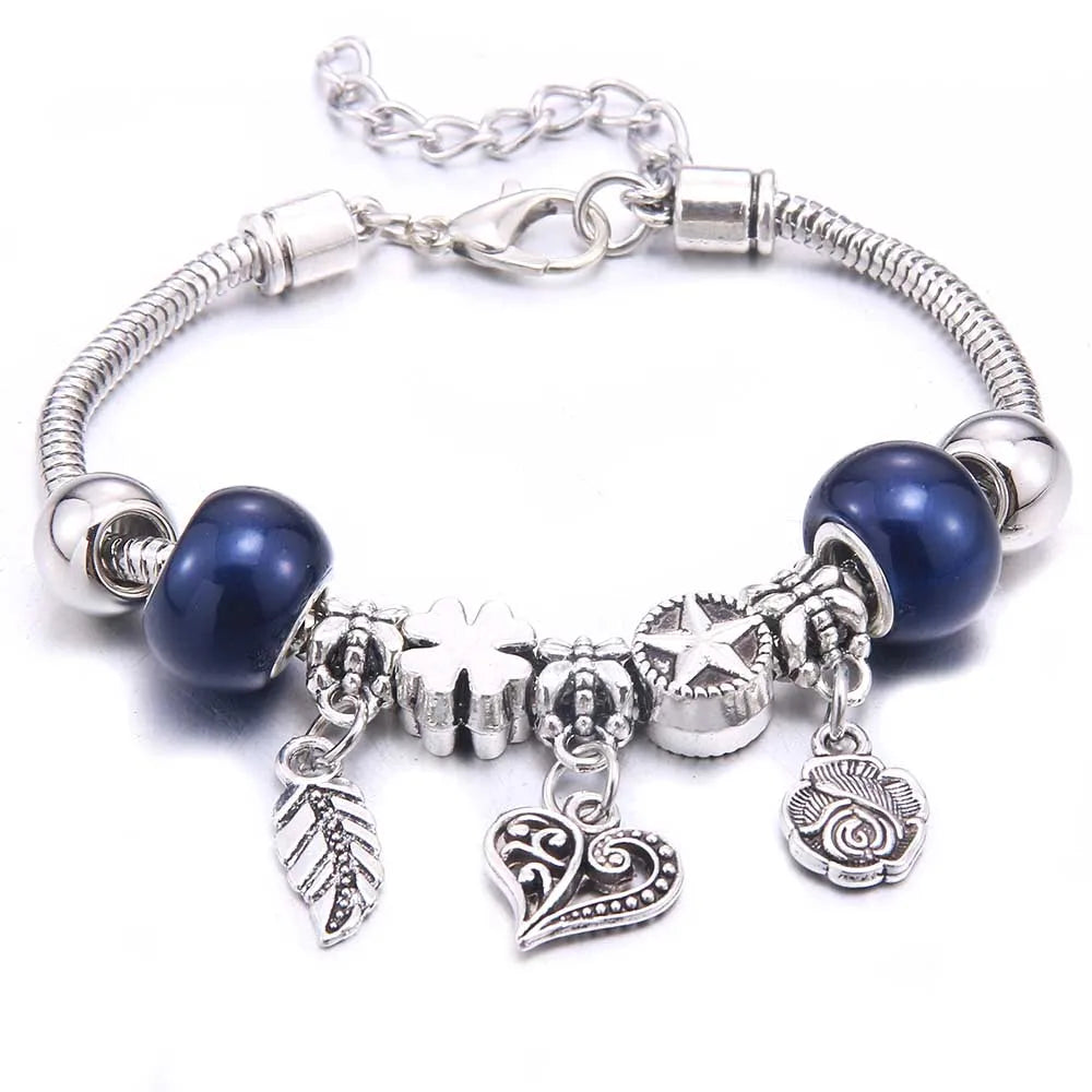 White Butterfly Charm Bracelet with Crown Beads - Friendship Gift for Women & Girls