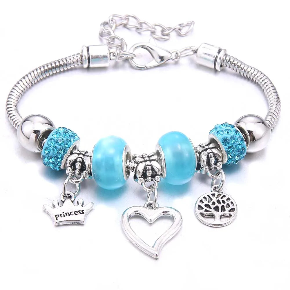 White Butterfly Charm Bracelet with Crown Beads - Friendship Gift for Women & Girls