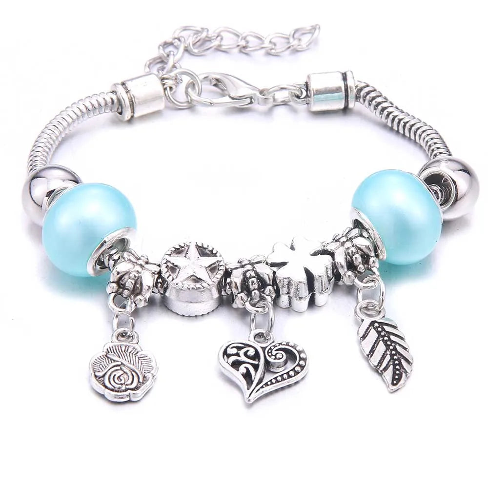 White Butterfly Charm Bracelet with Crown Beads - Friendship Gift for Women & Girls