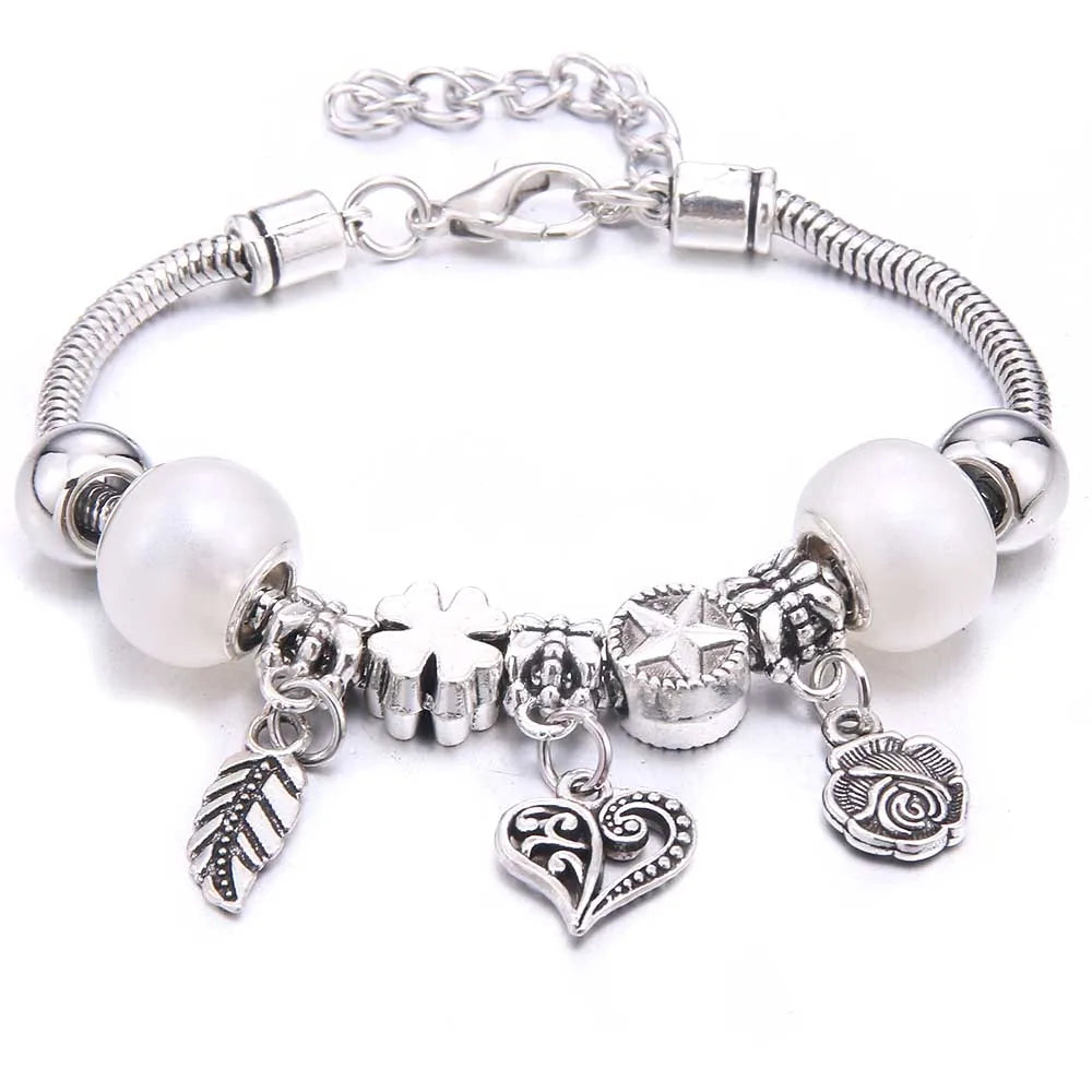 White Butterfly Charm Bracelet with Crown Beads - Friendship Gift for Women & Girls