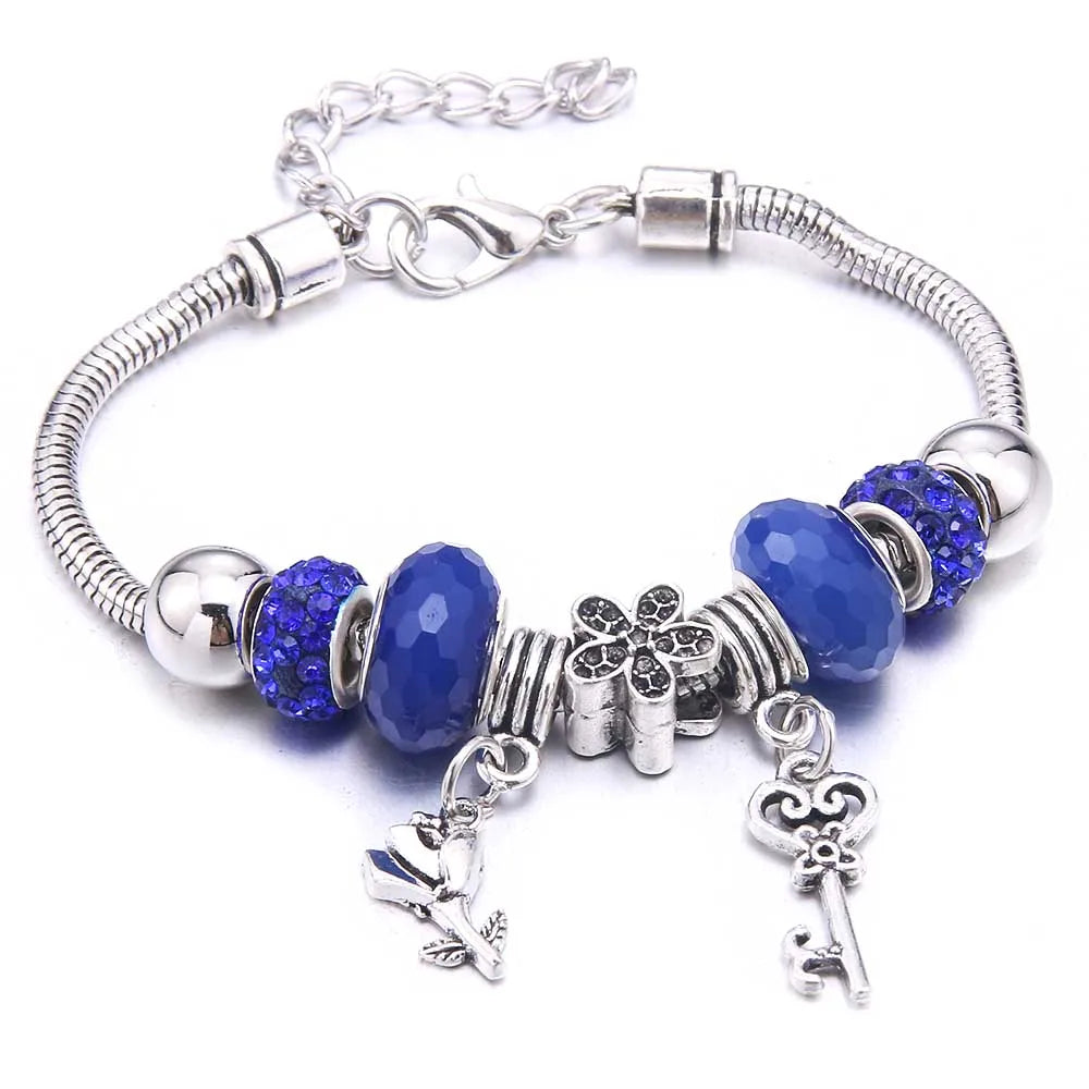 White Butterfly Charm Bracelet with Crown Beads - Friendship Gift for Women & Girls