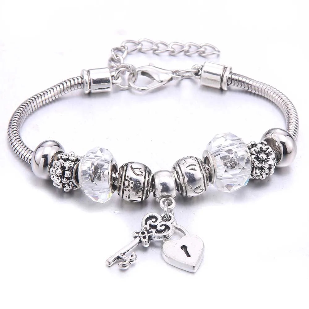 White Butterfly Charm Bracelet with Crown Beads - Friendship Gift for Women & Girls