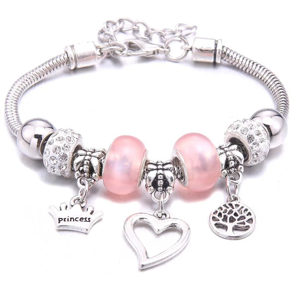 White Butterfly Charm Bracelet with Crown Beads - Friendship Gift for Women & Girls