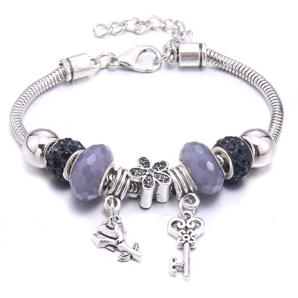 White Butterfly Charm Bracelet with Crown Beads - Friendship Gift for Women & Girls