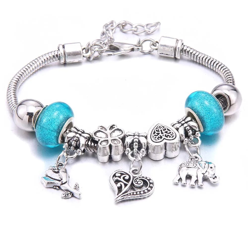 White Butterfly Charm Bracelet with Crown Beads - Friendship Gift for Women & Girls