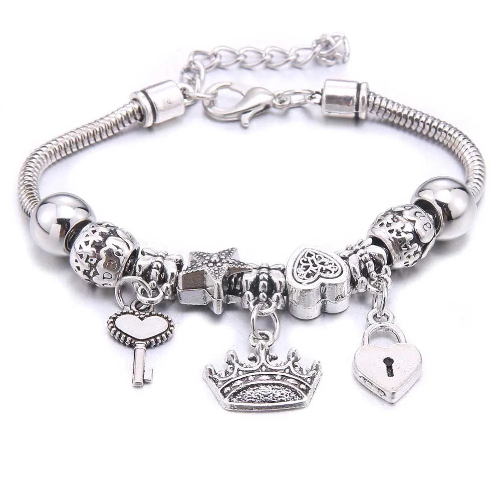 White Butterfly Charm Bracelet with Crown Beads - Friendship Gift for Women & Girls