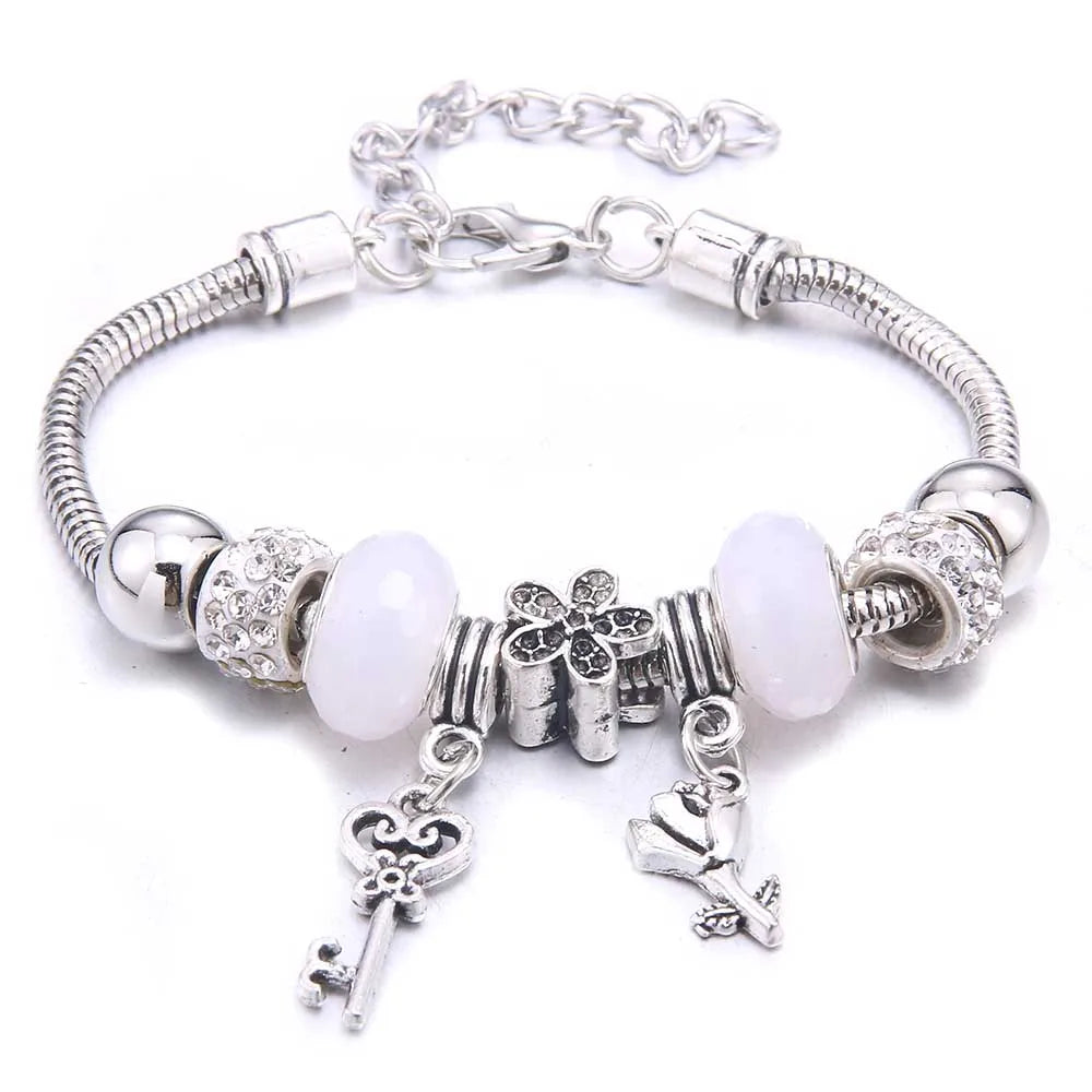 White Butterfly Charm Bracelet with Crown Beads - Friendship Gift for Women & Girls