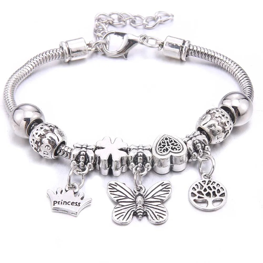 White Butterfly Charm Bracelet with Crown Beads - Friendship Gift for Women & Girls