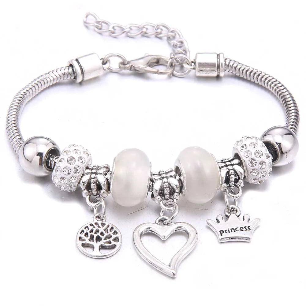 White Butterfly Charm Bracelet with Crown Beads - Friendship Gift for Women & Girls