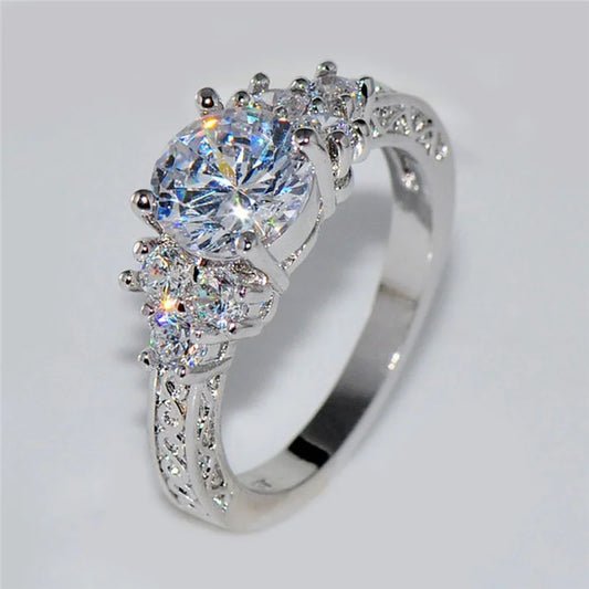 Exquisite Silver Engagement Ring with White Zircon Stones