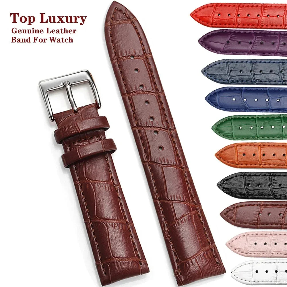 Genuine Leather Watchbands - Steel Pin Buckle, Multiple Sizes