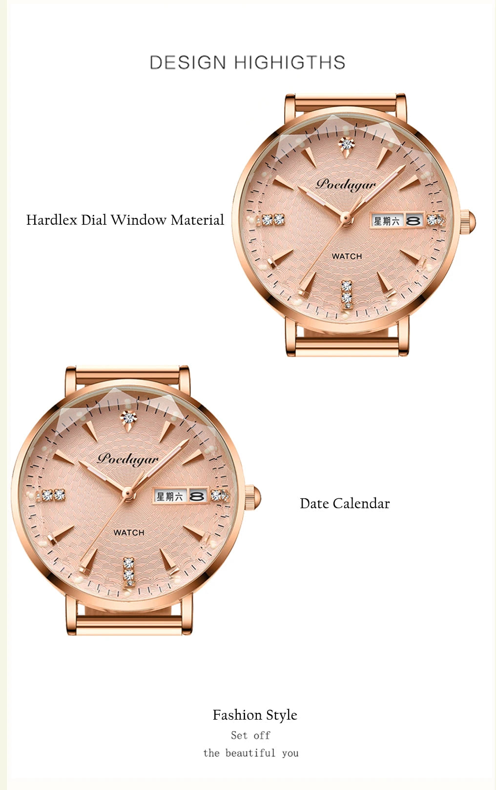 POEDAGAR Women Watches High Quality Japan Quartz Fashion Stainless Steel Mesh Simple Rhinestones Rose Gold Ladies Watch