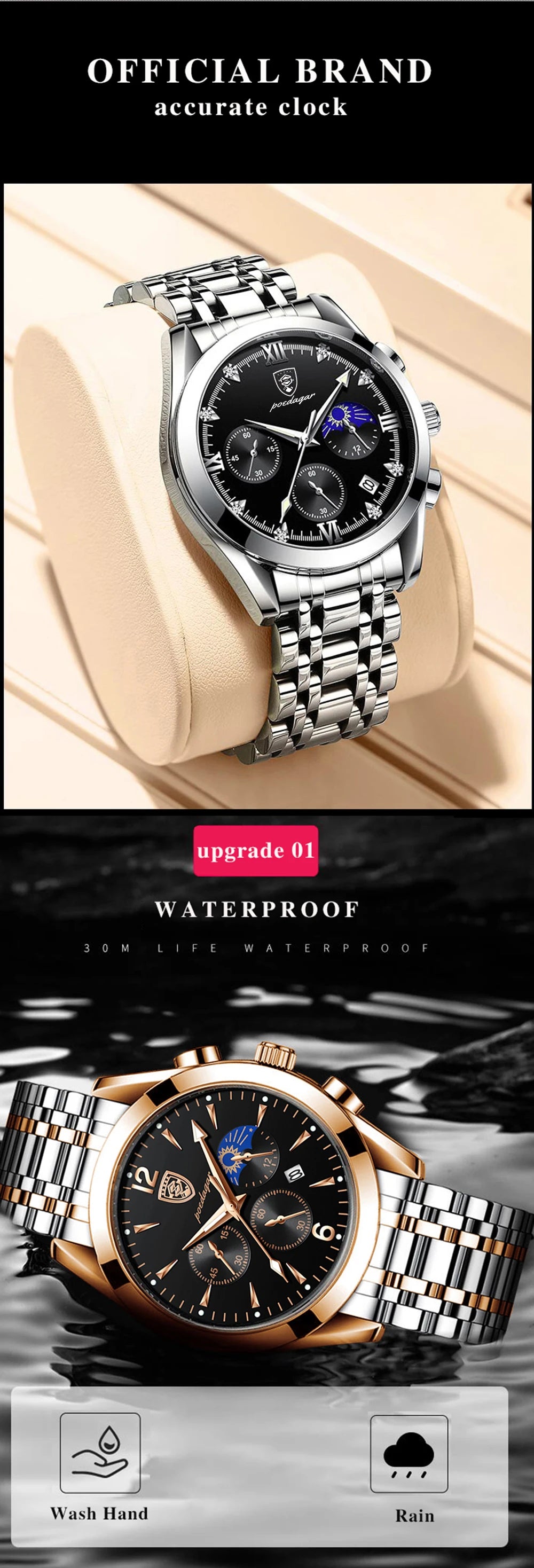 POEDAGAR Men Watches Stainless Steel Waterproof Luminous 2021 Fashion New Rose Gold Wristwatch Business Top Luxury Quartz Watch