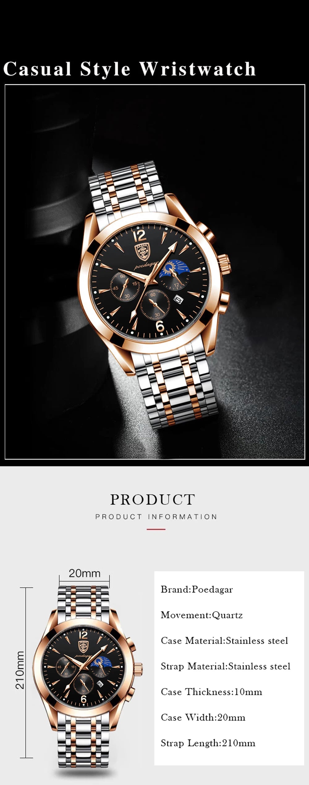 POEDAGAR Men Watches Stainless Steel Waterproof Luminous 2021 Fashion New Rose Gold Wristwatch Business Top Luxury Quartz Watch