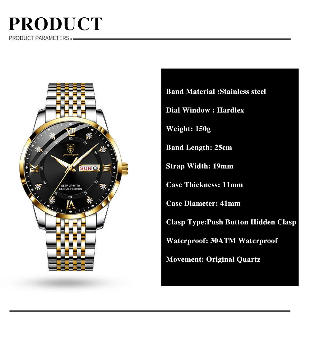 POEDAGAR Men Watches Stainless Steel Push Button Hidden Clasp Week Date Waterproof Luminous Top Brand Luxury Quartz Wristwatch