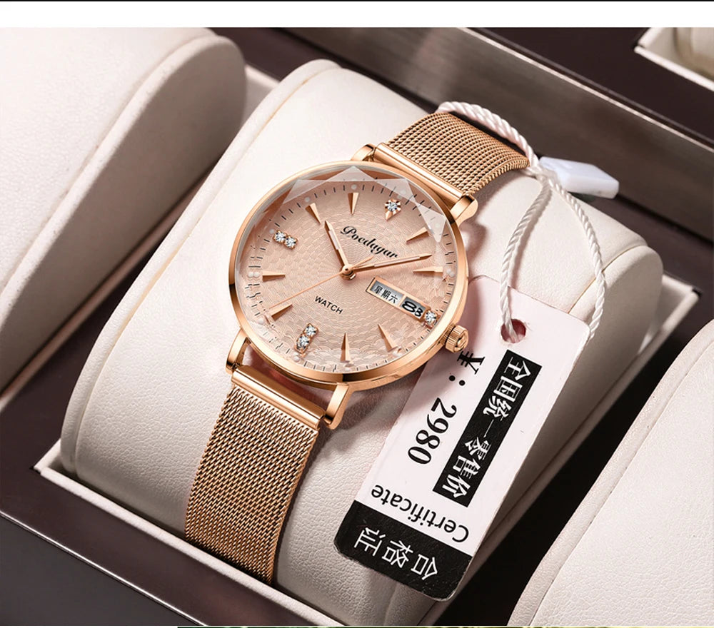 POEDAGAR Women Watches High Quality Japan Quartz Fashion Stainless Steel Mesh Simple Rhinestones Rose Gold Ladies Watch