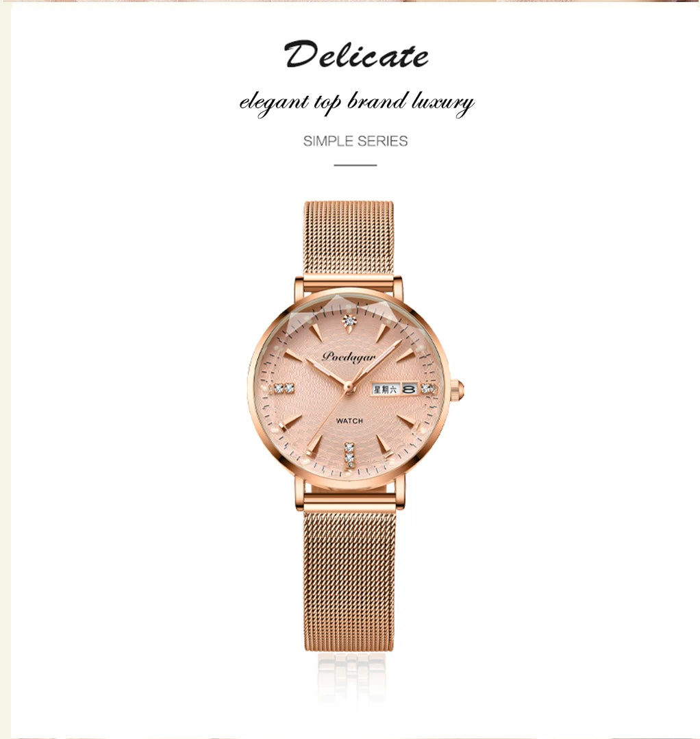 POEDAGAR Women Watches High Quality Japan Quartz Fashion Stainless Steel Mesh Simple Rhinestones Rose Gold Ladies Watch