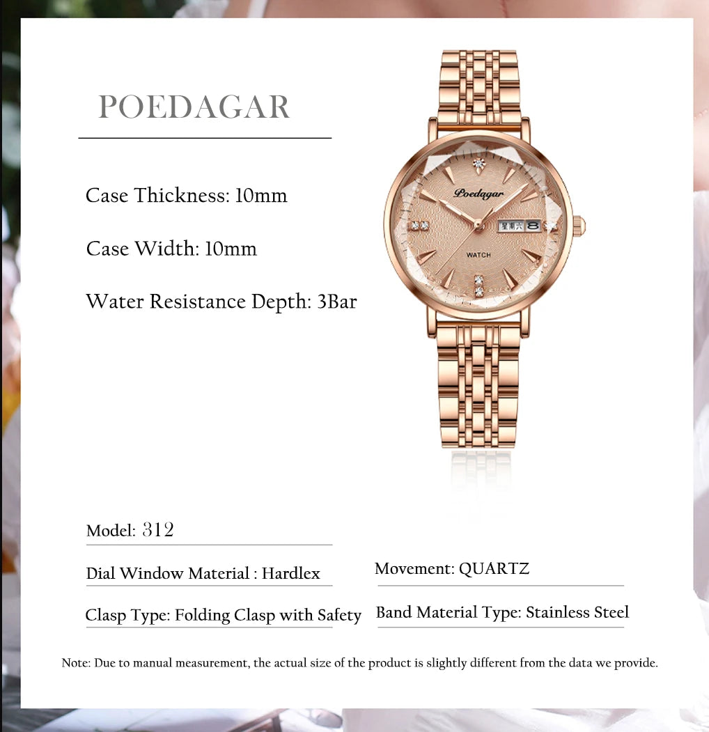 POEDAGAR Watch Women New Fashion Luxury Stainless Steel Wristwatch Bracelet Simple Rose Gold Waterproof Luminous Ladies Watches