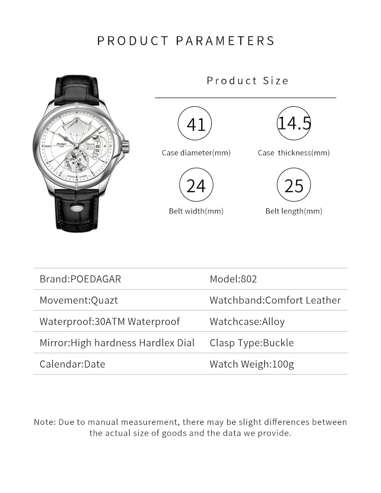 POEDAGAR Men Watch Fashion Big Dial Sport Men's Wristwatch Top Luxury Waterproof Leather Date Quartz Watches Man Box