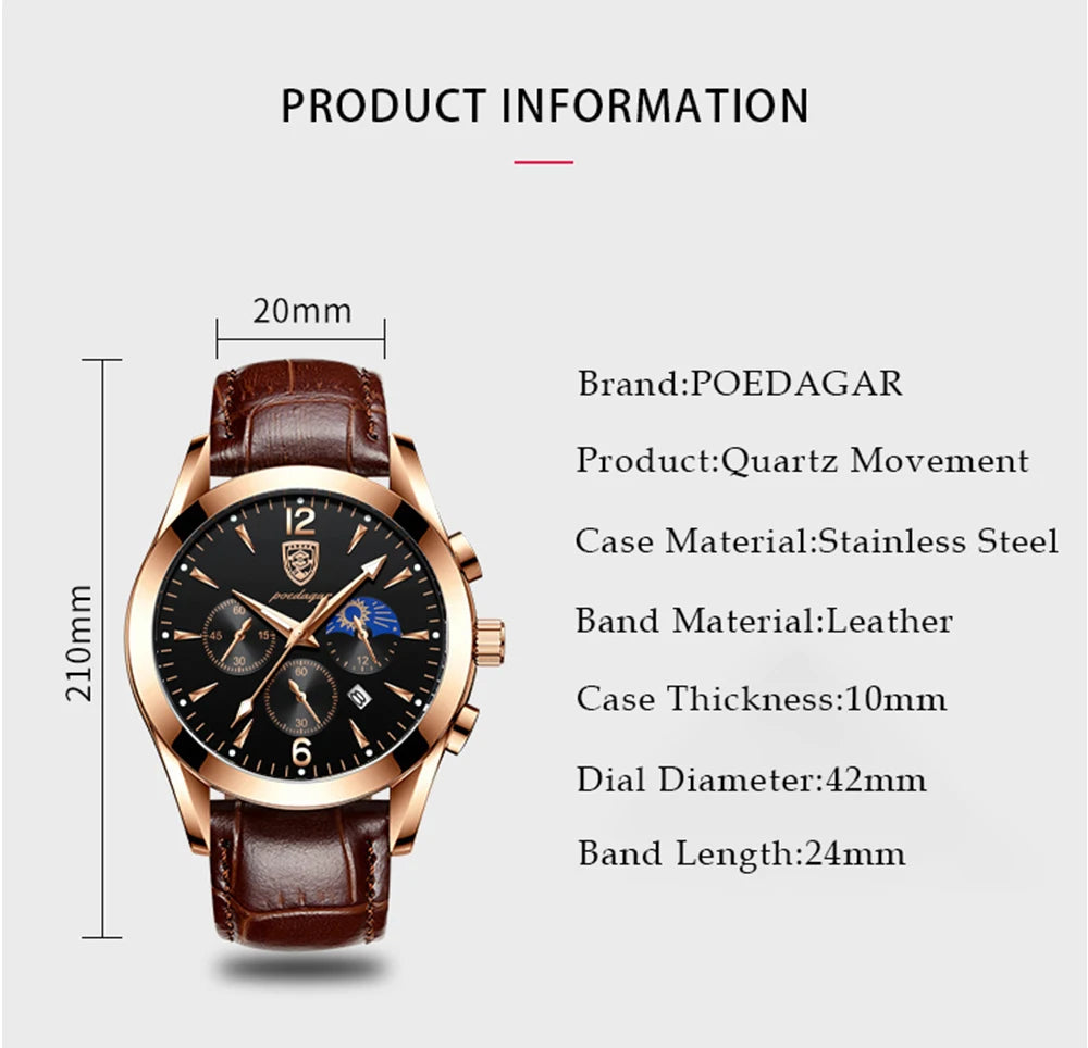 POEDAGAR Men Watch Top Brand Luxury Men's Wristwatch Leather Quartz Watches Sports Waterproof Male Clock Relogio Masculino+Box