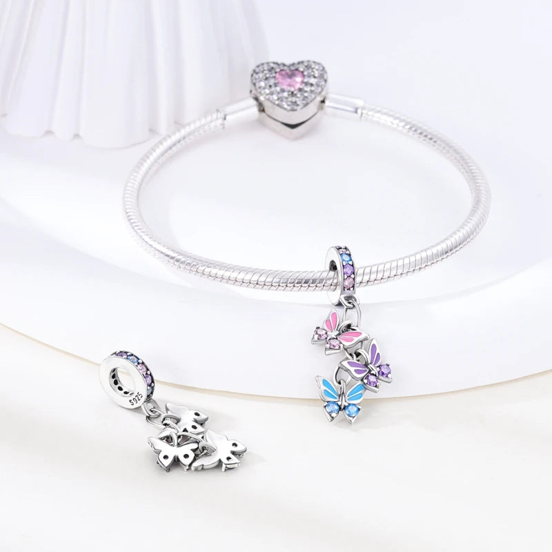 Silver Pink Series Perfume Butterfly Charms Fit Original Charm Bracelets For Women