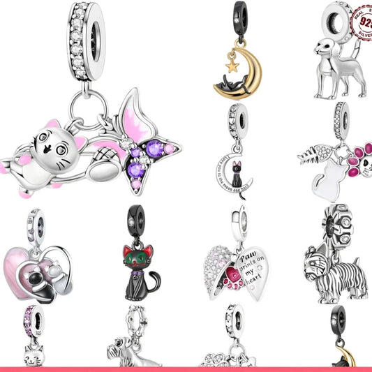 Cute Cat & Dog Charms Beads Pendant 925 Sterling Silver Fit DIY Bracelets Gift