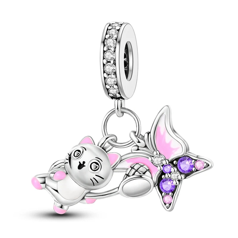 Cute Cat & Dog Charms Beads Pendant 925 Sterling Silver Fit DIY Bracelets Gift