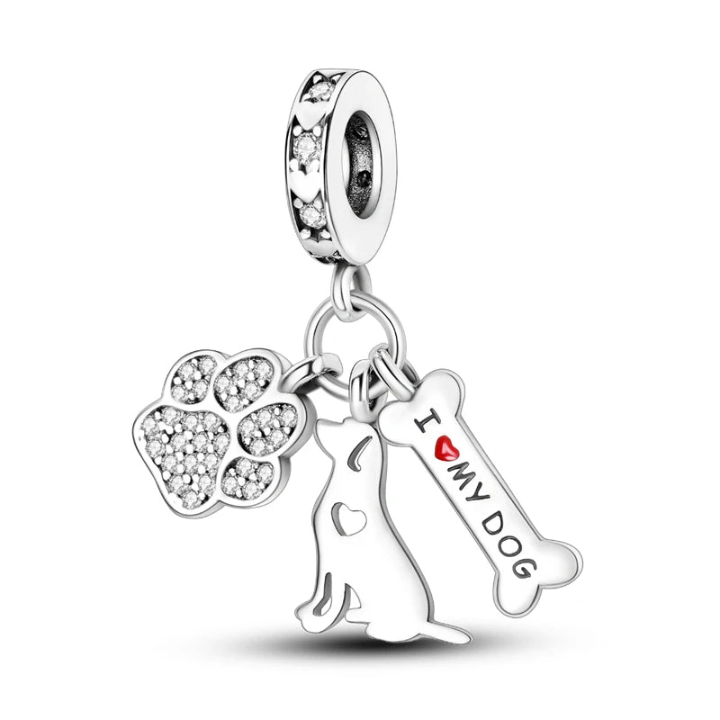 Cute Cat & Dog Charms Beads Pendant 925 Sterling Silver Fit DIY Bracelets Gift